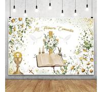 Renaiss 2.7x1.8m Toile de Fond de ma première Communion Fleurs Paix Colombe Dieu bénisse Photographie arrière-Plan garçon Fille baptême fête décor gâteau Table bannière Vinyle Photo Accessoires
