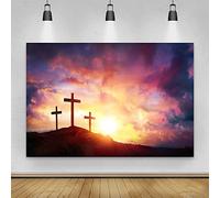 Renaiss 3x2m Jésus-Christ Croix Toile de Fond Lever du Soleil Tombeau Coucher de Soleil Montagne Photographie arrière-Plan noël pâques Naissance de jésus décors en Vinyle Accessoires Photo