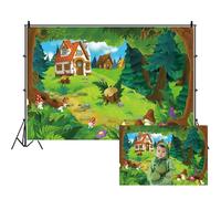 Renaiss Toile de fond de forêt de dessin animé 2,1 x 1,5 m, conte de fées, village de forêt verte, cabane en bois, champignon, fleurs au pays des merveilles, fond de photographie pour fête prénatale,