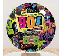 Renaiss Toile de fond ronde 2,1 x 2,1 m Back to 90's 's Party Time Boombox Graffiti Circle Photographie Festival Retro Disco Sock Hop Hip Hop Décorations de fête d'anniversaire Accessoires de