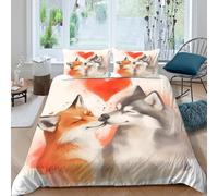 Renard and Loup Kiss Ensemble De Literie Douce Microfibre 3 pièces Imprimé en 3D Romantique Animal Art Linge de Lit avec Fermeture Éclair Ultra Douce for Chambre à Coucher Double（200x200cm）