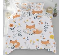 Renard De Dessin Animé Mignon Housse de Couette Plantes De Style Simple 200x200 avec 2 Taies d'oreiller 65x65, Parure de Lit Renard Imprimé Animal Douce et Respirante Chambres Décor
