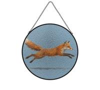 Renard en Cours d'exécution Ornement en Verre 20x20cm pour la Maison | Champ bleu et Faune dynamique sur verre décoratif, 7.8x7.8in (20x20cm), avec chaîne en métal pour la maison