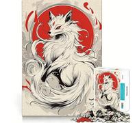 Renard Kitsune Blanc avec Soleil Rouge Puzzle de 1000 pièces pour Adultes Jeu de réflexion Stimulant Découpe Nette,alignement Parfait Activité Amusante en Famille Le Soir (50x75cm)