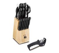 RENBERG TENESSY - Set 15 Pcs Couteaux et Aiguisoir avec Bloc Couteaux en Bois - Acier inoxydable - Manche Noir - Durable et Pratique
