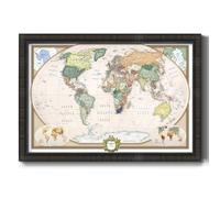 Renditions Gallery Carte du monde colorée sur toile avec cadre noir anthracite - Carte de voyage à suspendre avec punaises pour la maison, le bureau, la salle de classe