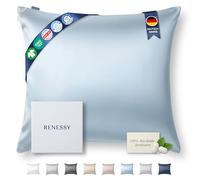 RENESSY Taie d'oreiller en Soie 100% Bio 80x80 cm - 22 Momme Soie de Mûrier, Grade 6A, Certifiée Oeko-Tex en Allemagne - Luxe pour Les Cheveux et la Peau, 1 Pièce (Bleu Nuage)