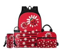 Renewold Ensemble de 4 sacs à dos Ladybug pour enfants de 6 à 18 ans avec sac à déjeuner, porte-bouteille isotherme, pour filles de 6 à 18 ans, coccinelle, Taille unique, Sac à dos décontracté