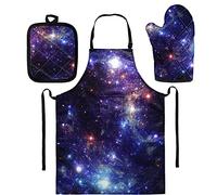 Renewold Lot de 3 gants de cuisine résistants à la chaleur et longs tabliers imperméables avec poches pour cuisine, barbecue, pâtisserie, grillades Motif galaxie