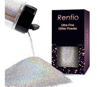 Renfio Poudre de paillettes holographiques ultra fines argentées métallisées - 80 ml - Pour verres en résine, slime, peinture, art, décoration d'ongles - Argenté laser
