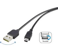 Renkforce Câble USB USB 2.0 USB-A mâle, USB-Mini-B mâle 1.80 m noir connecteur utilisable des deux cotés, contacts dorés