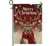 Renne avec écharpe Citation de Noël Drapeau de jardin 30,5 x 45,7 cm | Étoiles dorées, drapeau de pelouse, pin persistant, écharpe rouge, neige d'hiver, décoration de cour extérieure