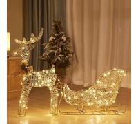 Renne de Noël et traîneau à LED - Cadre en fer blanc chaud illuminé pour pelouse, maison et jardin, décoration de vacances