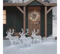 Lights4fun Renne LED 3 en 1 avec traîneau, figurine de cerf éclairée, minuteur, éclairage de Noël extérieur et intérieur fonctionnant sur piles