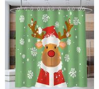 Renne Portant Un Bonnet De Père Noël Rideau De Douche 180*200cm Style Dessin Animé Rideaux De Douche, Polyester Lavable Imperméable Rideaux De Douches Pour Salle De Bain Domicile Baignoire Hôtel, Vert