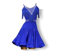 RENQIDD Robes de Danse Latine à Bretelles pour Femmes Costumes de Spectacle Salsa Cha Cha à Franges Tenues de Danse de Salon Foxtrot Dos Nu avec des Strass Col Rond,E,3XS