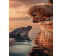 Renqidian Adulte Broderie Kit Point de Croix Chiot et dauphin 11CT Kit Point de Croix Pré Imprimé Enfant Débutant Avec Fils Set Facile-40x50 cm