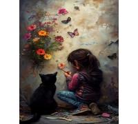 Renqidian Adulte Broderie Kit Point de Croix Fille et chat fleuri 11CT Kit Point de Croix Pré Imprimé Enfant Débutant Avec Fils Set Facile-40x50 cm