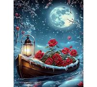 Renqidian Kit Broderie De Point De Croix Estampillé Bateau fleuri sous la lune DIY Kit De Couture à la Main Pour Adultes 11CT Debutant Canevas Imprimé 40x50 cm