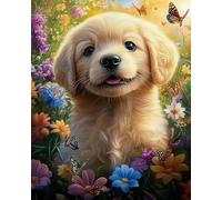 Renqidian Kit Broderie De Point De Croix Estampillé Chiot mignon avec fleurs DIY Kit De Couture à la Main Pour Adultes 11CT Debutant Canevas Imprimé 40x50 cm