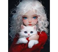 Renqidian Kit Broderie De Point De Croix Estampillé Fille et chat DIY Kit De Couture à la Main Pour Adultes 11CT Debutant Canevas Imprimé 40x50 cm