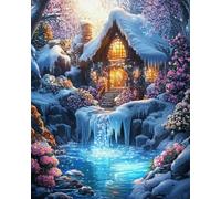 Renqidian Kit de Peinture Diamant Painting Adultes 5D Cerisier Chalets fleuris et enneigés Rond Diamond Painting Kit Complet, DIY Art Mosaique Maison Décoration 40x50 cm