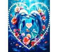 Renqidian Kit de Peinture Diamant Painting Adultes 5D Dauphin et fleurs en forme de cœur Rond Diamond Painting Kit Complet, DIY Art Mosaique Maison Décoration 40x50 cm