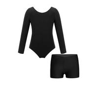 renvena 2 Pièces Body Combinaison De Gymnastique Fille Enfant Body Justaucorps De Ballet À Manches Longues Short De Gymnastique Tenue De Danse Classique Vêtements De Danse Noir 7-8 Ans