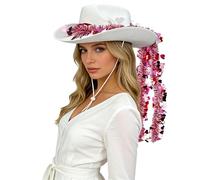 renvena Chapeau Cowboy Saint Valentin Avec Guirlandes Franges Métalliques Luisantes Et Large Bord Chapeaux Cowgirl Ouest Pour Femmes Blanc Taille unique