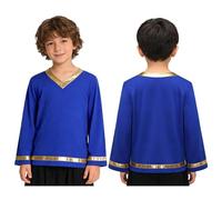 renvena Chemise Danse Louange Manches Longues Brillantes pour Garçons Pull Over Col V Tops Culte Liturgique Tenues Performance Chœur Deéglise Bleu 11-12 Ans