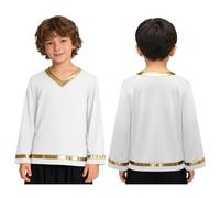 renvena Chemise Danse Louange Manches Longues Brillantes pour Garçons Pull Over Col V Tops Culte Liturgique Tenues Performance Chœur Deéglise Blanc 5-6 Ans