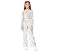 renvena Costume Danse Jazz Latin en Deux Pièces pour Filles Tout Recouvert Paillettes Tenue Danse Hip Hop Et Disco Haut Court Manches Longues avec Pantalon Argent 15-16 Ans