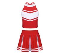 renvena Costume De Cheerleading pour Filles Pièces Top sans Manches avec Jupe Mini Plissée en Lame Ensemble De Tenue Rouge et Blanc 8 Ans