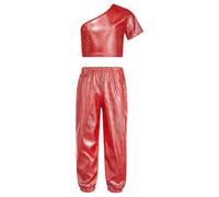 renvena Costume De Danse Hiphop Moderne pour Filles Enfants Top Court en Métallisé À Une Épaule Assorti Dun Short Culotte Ensemble De Tenue De Danse Rouge 11-12 Ans