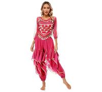 renvena Costume De Danse Orientale Pour Femme Tenue De Scène Crop Top À Manches Longues Paillettes Pantalon Élastique Cosplay Carnaval Danse Du Ventre Rose vif Taille unique