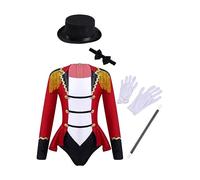 renvena Costume De Dompteuse Pour Petite Mädchen Costume De Maître Piste Cirque Bande Directeur Combinaison Chapeau Banquet Magicien Couvrechef Gants Carnaval Rouge 13-14 ans