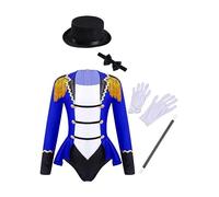 renvena Costume De Dompteuse Pour Petite Mädchen Costume De Maître Piste Cirque Bande Directeur Combinaison Chapeau Banquet Magicien Couvrechef Gants Carnaval Bleu royal 13-14 ans