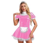 renvena Costume de Soubrette pour Femme Déguisement Servante Serveuse Tenue Maid Manga Femme de Ménage Robe de Chambre Cuir Slim Robe Court S-5XL A Rose L