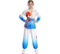 renvena Costume Kung Fu Unisexe Dragon Enfants Garçons Imprimé Arts Martiaux Tai Chi Tenue Col Mandarin Manches Longues Avec Ceinture Pantalon Spectacle Théâtral Bleu 7-8 ans