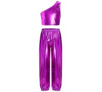 renvena Costumes De Danse Hip Hop Brillants Pour Filles Combinaison Dun Haut Court Sans Manches À Une Épaule Métallique Avec Un Pantalon À La Taille Tenue De Rue Violet 3-4 ans