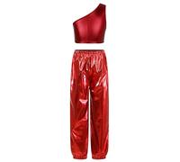 renvena Costumes De Danse Hip Hop Brillants Pour Filles Combinaison Dun Haut Court Sans Manches À Une Épaule Métallique Avec Un Pantalon À La Taille Tenue De Rue Rouge 15-16 ans