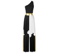 renvena Danse Moderne Lyrique Vêtements Femme Robe Une Épaule Irrégulière Et Pantalon Large en Mousseline Robe Classique Robe De Danse Noir L
