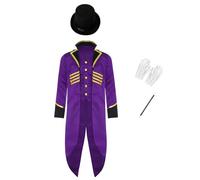 renvena Enfant Steampunk Queue De Pie Avec Chapeau Jungen Pièces Vintage Victorien Smoking Haut De Forme Gants Baguette Costume Magicien Cosplay D Halloween Violet 11-12 ans