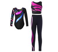 renvena Ensemble Complet De Gymnastique Artistique pour Enfant Body De Ballet avec Crop Top Et Leggings Pantalon Body pour Patinage Artistique Justaucorps Étoile Noire 7-8 Ans