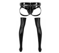 renvena Ensemble De Lingerie Intime pour Fête Soirée Discothèque Sexy Bas Longs sous Le Genou Collants Autofixants en Cuir String Jockstrap Entrejambe Ouvert Tentation Noir M