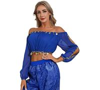 renvena Femme Crop Top Danse Ventre Cardigan Débardeur Danse Crop Top Spectacle Théâtre Manche Longue Costume Cosplay Halloween Mascarade Fête À Thème Bleu royal Taille unique
