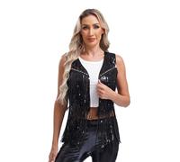 renvena Gilet Femme À Paillettes Sans Manches Style Cowgirl Western Bolero Avec Pompons Et Rivets Pour Soirées En Discothèque Mode Années Noir S