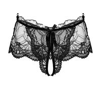 renvena Homme String Sexy sous Vetement de Nuit Slip Dentelle Culotte Sissy Short String Tanga Bikini Pyjama Gay Lingerie Transgenre Slip Ouvert Fesse Thong Noir 3XL