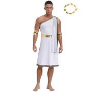 renvena Homme Toge Costume Romain Grec Short Jupe Une Épaule Bodysuit Impérial Couvrechef Poignets Costume Cosplay D Halloween Jeu De Rôle Carnaval Blanc XXL