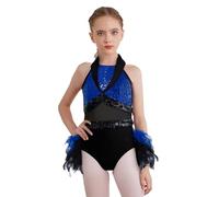renvena Robe Danse Jazz Scintillante sans Manches pour Filles Tutu Leotard avec Bordure en Plume pour La Danse Ballet Et Latin pour Les Enfants Ans Bleu Royal 9-10 Ans